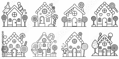 Christmas Gingerbread House Sweets Lollipops Outline Coloring Book Page Line Art Drawing Set White Background