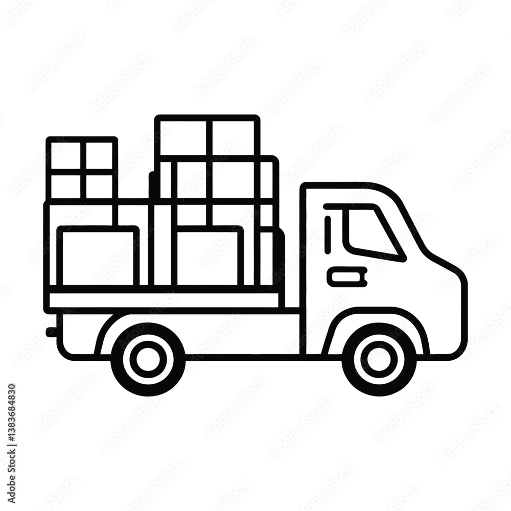 Fototapeta premium things pick and drop wan ,Minimalist Line Illustration of Truck with Boxes: Black-and-White Vector Design