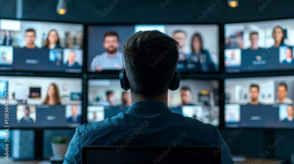 Fototapeta premium Virtual Team Brainstorming Session via Video Conference on Multiple Screens