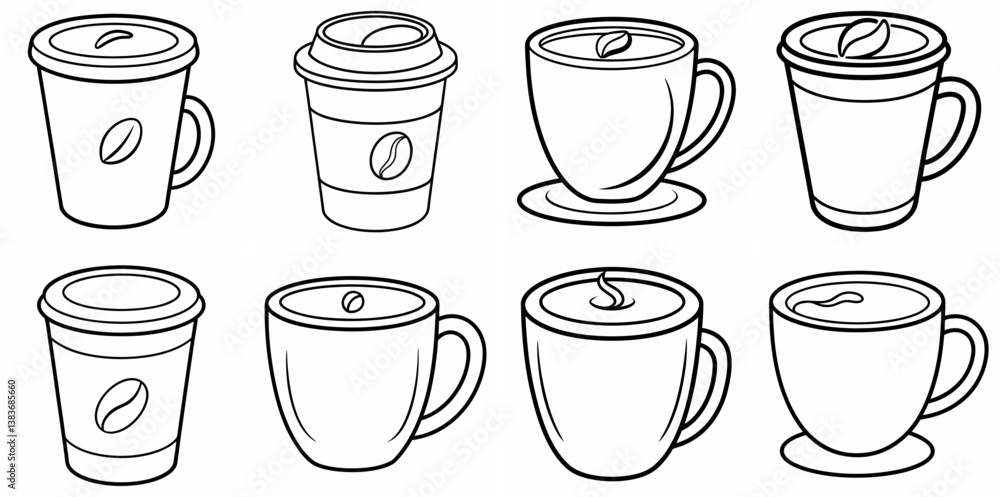 Fototapeta premium Coffee Cup Outline Coloring Book Page Line Art Drawing Set White Background