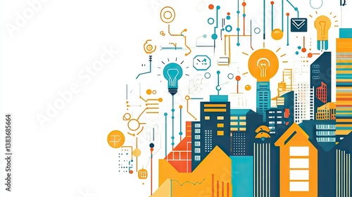 Cityscape of Innovation.  A vibrant blend of urban development and creative ideas, illustrated with interconnected designs