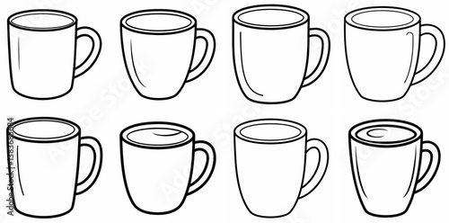Coffee Mug Outline Coloring Book Page Line Art Drawing Set White Background

