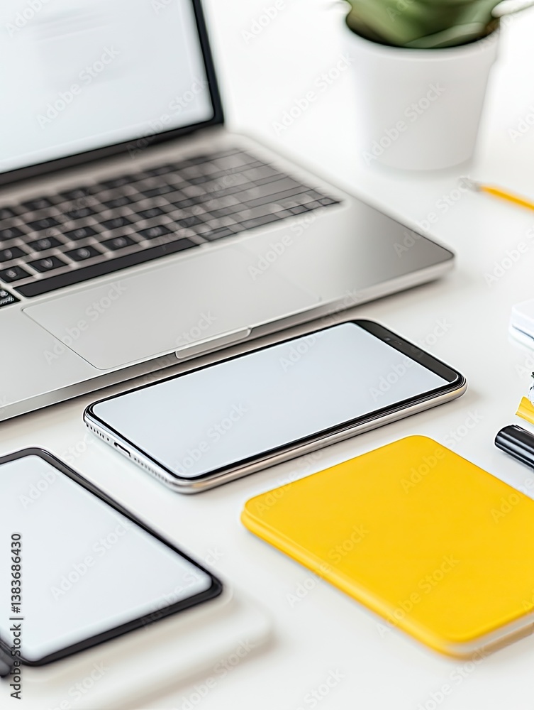 Office desk Laptop, phone, tablet, notebook on white table. Plant, stationary. Clean workspace, minimal Office desk Laptop, phone, tablet, notebook on white table. Plant, stationary. Clean workspace, minimal