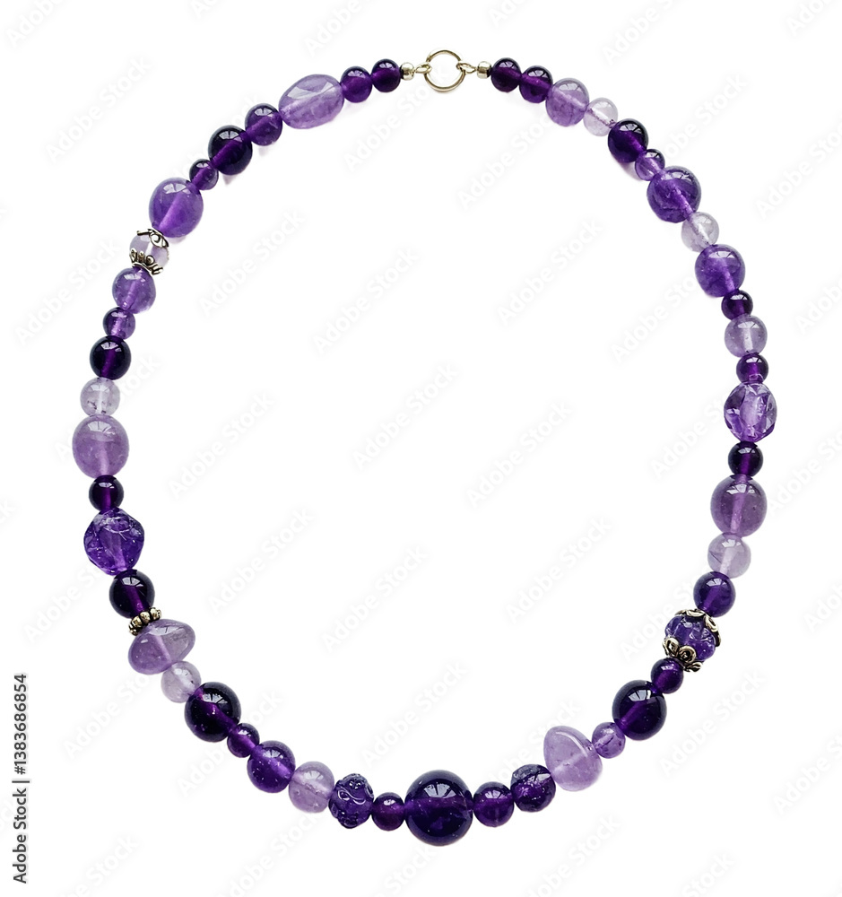 Fototapeta premium Amethyst necklace, purple beads varying in shades, isolated on a transparent background, png image. Elegant design, showcasing gemstone beauty and craftsmanship.