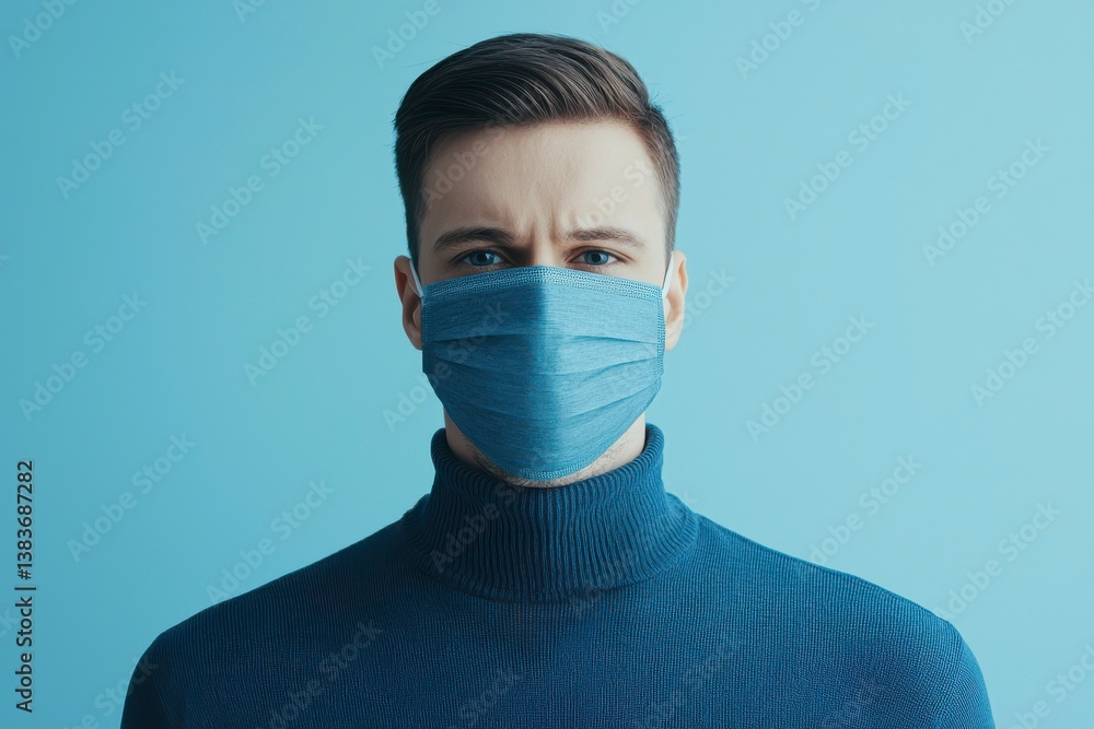 Young Man in Blue Turtleneck with Mask Against Blue Background Young Man in Blue Turtleneck with Mask Against Blue Background