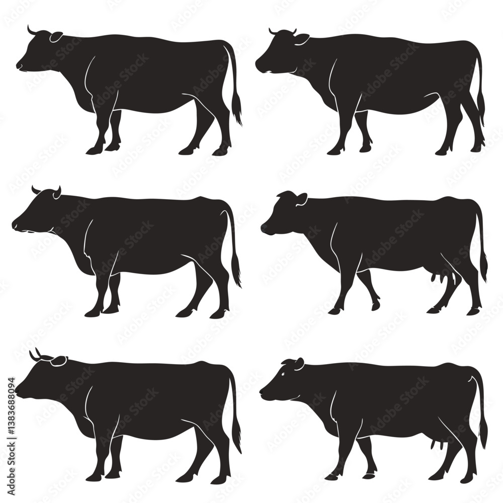 Black Cow silhouette vector icon set isolated on white background. Black Cow silhouette vector icon set isolated on white background.