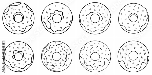 Donut Outline Coloring Book Page Line Art Drawing Set White Background