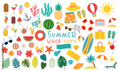 Summer vibe icon set. Set of cute vector illustrations: logo, watermelon, resort, swimsuit, sunglasses, sun, starfish, steering wheel, pineapple, rainbow, lounger, inflatable ring, umbrella.