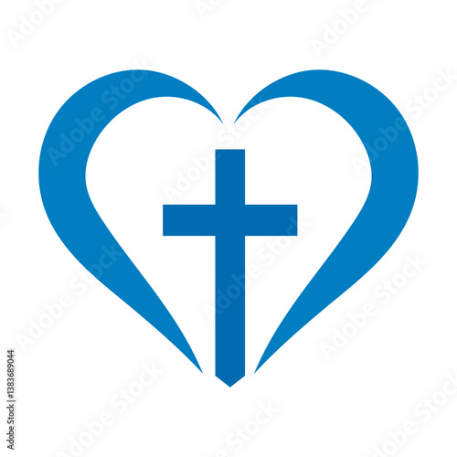 Vector Christian logo Heart with Cross on a White Background. Isolated Hand Drawn symbol. Minimalistic religion icon or logo.