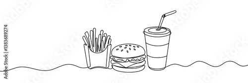 Burger, soda and french fries takeout food in continuous line art drawing style. Fast food minimalist black linear sketch isolated on white background. Editable stroke