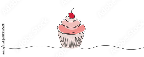 Single line cupcake with cream and cherry. Hand drawing art dessert theme with muffin and red cherry Editable stroke