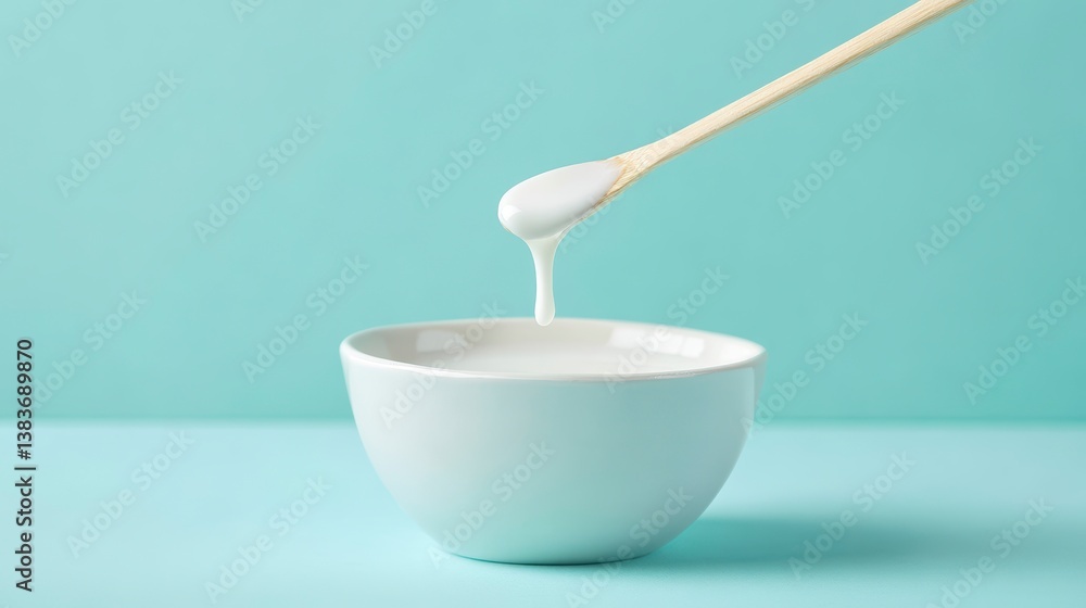 Creamy white substance dripping from a wooden spoon into a bowl on a teal background. Creamy white substance dripping from a wooden spoon into a bowl on a teal background.