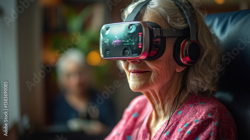 dementia nurse assisting a patient with VR therapy, guiding them through exercises that enhance spatial awareness photo