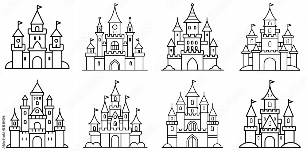 Obraz premium Fairytale Castle Outline Coloring Book Page Line Art Drawing Set White Background