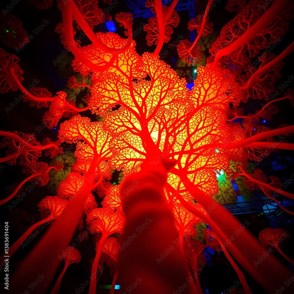 Fototapeta premium Glowing Vascular Abstraction: An artistic portrayal of biological intricacy, visualizing the vibrant network of blood vessels in a vivid, radiant display of life's fundamental building blocks.