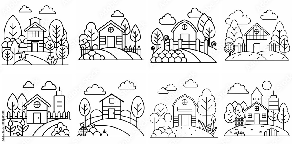 Fototapeta premium Farm or Garden Outline Coloring Book Page Line Art Drawing Set White Background