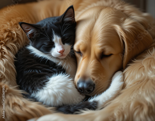 Wallpaper Mural Tabby Cat and Golden Retriever Sleeping Together in Cozy Harmony Torontodigital.ca