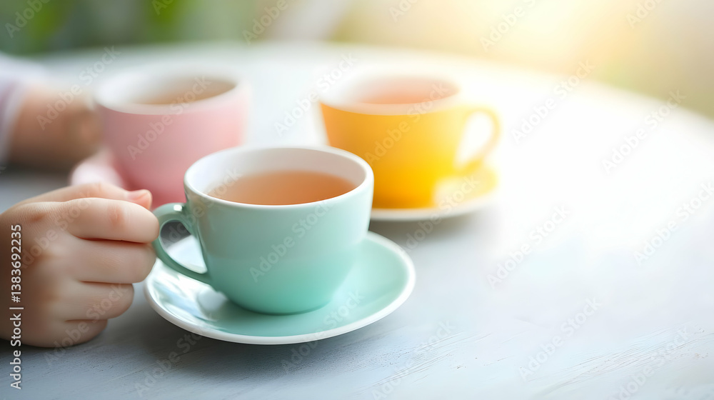 Pastel Tea Cups On Light Gray Table Pastel Tea Cups On Light Gray Table