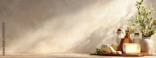 Rustic Cheese Board Arrangement with Natural Light and Floral Accents
