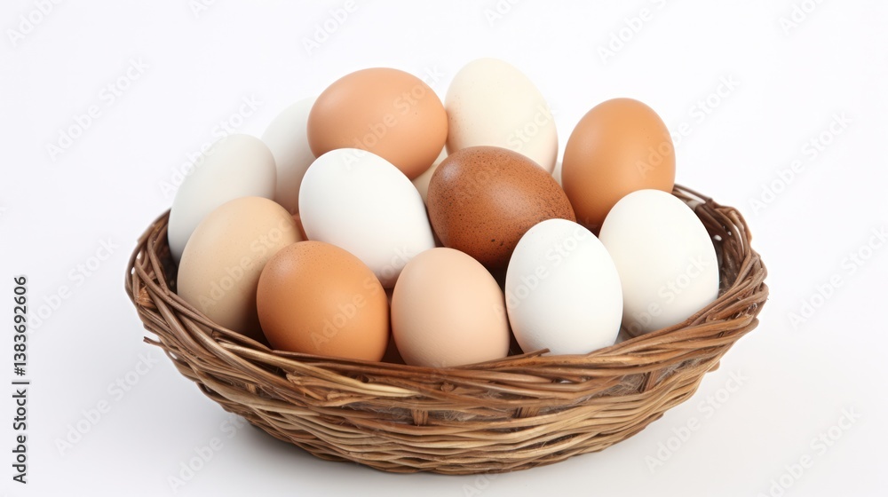 A rustic wicker basket filled with a mix of white and brown organic eggs, positioned on a white background A rustic wicker basket filled with a mix of white and brown organic eggs, positioned on a white background