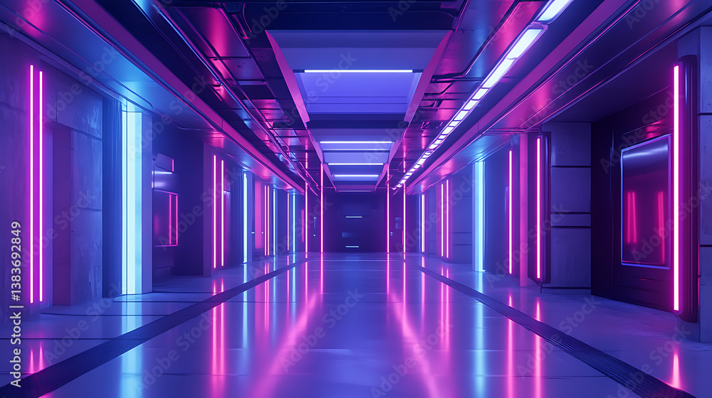 Modern futuristic underground parking, corridor, warehouse with lighting, empty stage, room in gray and neon color, the room is with concrete, columns and windows Modern futuristic underground parking, corridor, warehouse with lighting, empty stage, room in gray and neon color, the room is with concrete, columns and windows