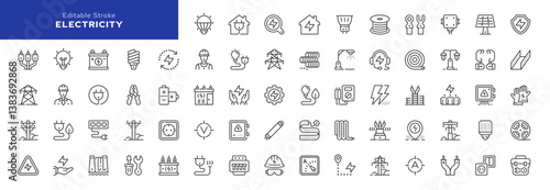 Electricity line icons set. Electric power line, light bulb, cable, wire, voltage and electrical equipment. Outline vector icon in linear style. Pictogram collection