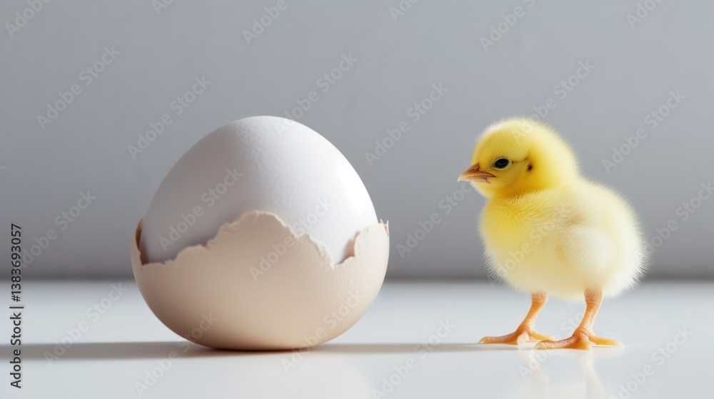 A small yellow chick standing next to a cracked white egg, both placed on a bright white background A small yellow chick standing next to a cracked white egg, both placed on a bright white background