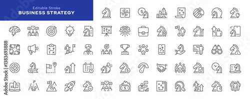Business strategy line icon set. Goal achievement, financial strategy, management, planning, career and more. Outline vector icon in linear style. Series of pictograms.