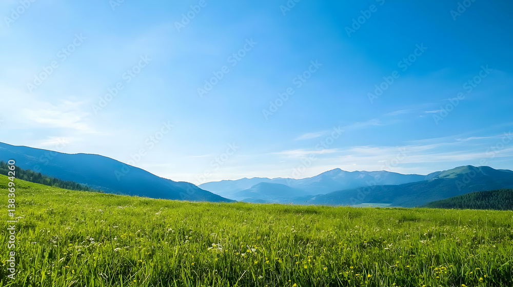 Fototapeta premium Panoramic Green Field With Mountains Under Sunny Sky