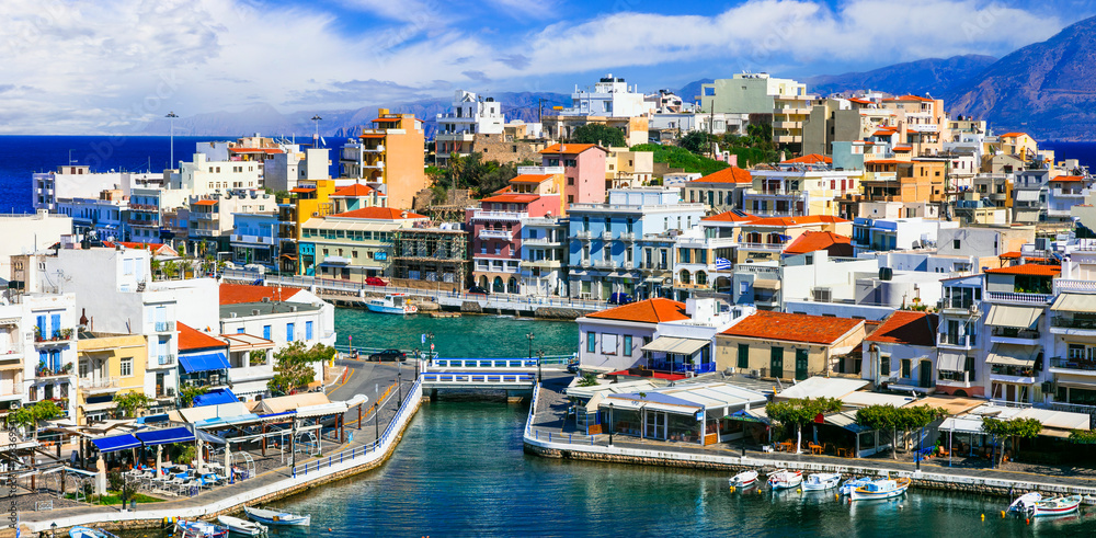 Greece. travel. one of the most scenic places of Crete island - beautiful colorful town Agios Nikolaos. popular tourist resort and destination