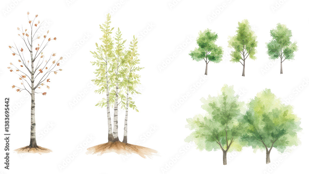 Fototapeta premium Watercolor Trees Collection: Autumn, Spring, and Summer Foliage
