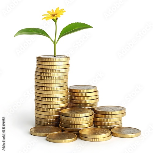 Financial Growth Concept with Stacked Gold Coins and Plant, Investment and Wealth Growth Symbolized by Coins and Flower, Saving Money and Prosperity Represented by Growing Plant