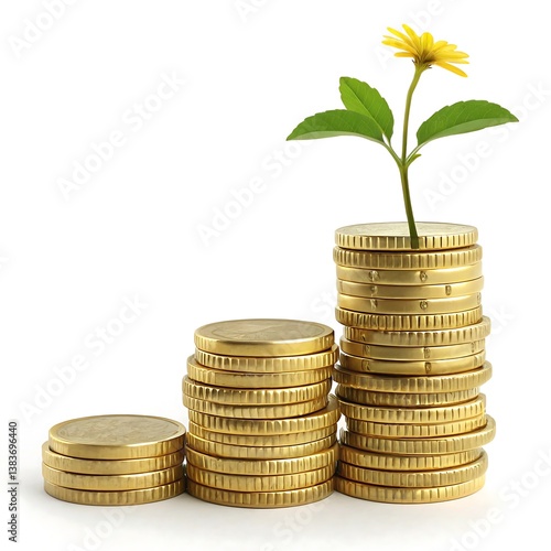 Financial Growth Concept with Stacked Gold Coins and Plant, Investment and Wealth Growth Symbolized by Coins and Flower, Saving Money and Prosperity Represented by Growing Plant