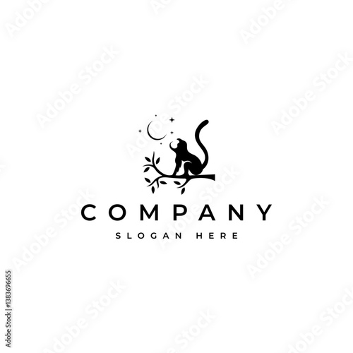 monkey perched on tree branch looking at crescent moon and stars in flat silhouette vector design style