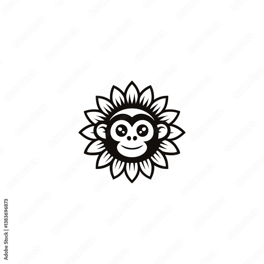 Naklejka premium Cute Sunflower Monkey Logo Playful Primate Floral Mascot