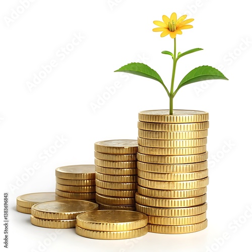 Financial Growth Concept with Stacked Gold Coins and Plant, Investment and Wealth Growth Symbolized by Coins and Flower, Saving Money and Prosperity Represented by Growing Plant