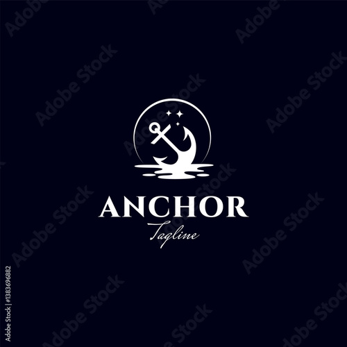 ship anchor logo with crescent moon and star in flat vector design style