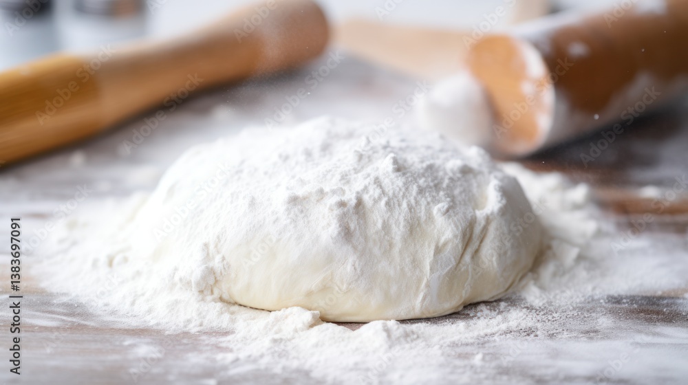Close-up of a rolling pin flattening a portion of dough for bao buns on a white countertop, surrounded by a dusting of flour Close-up of a rolling pin flattening a portion of dough for bao buns on a white countertop, surrounded by a dusting of flour