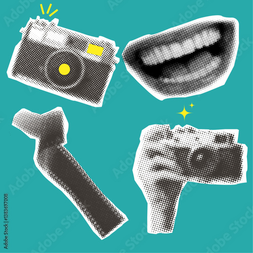 Halftone vintage camera film ,smiling mouth and camera in hand,cut out elements from paper,retro grunge halftone collage elements
