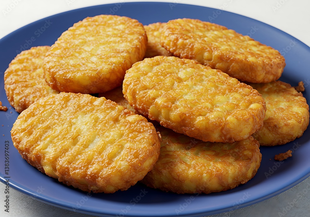 Golden-brown potato hash browns, a comforting stack of crispy delights on a vibrant blue plate, perfect for a hearty breakfast or satisfying snack. Golden-brown potato hash browns, a comforting stack of crispy delights on a vibrant blue plate, perfect for a hearty breakfast or satisfying snack.