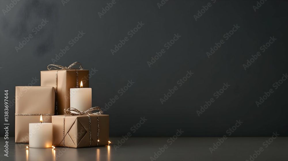 Stacked Gift Boxes And Candles With Warm Lighting Stacked Gift Boxes And Candles With Warm Lighting