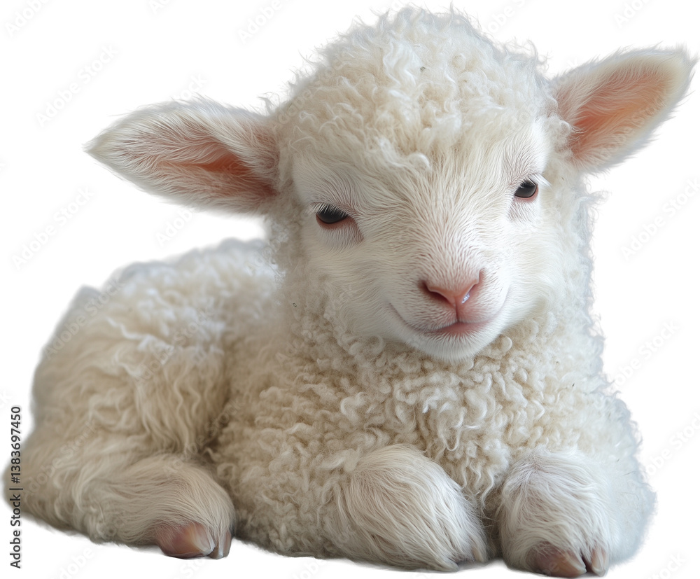 Fototapeta premium A lamb, lying down and facing slightly to the side lamb has white, fluffy wool and a pink nose cutout PNG on transparent background