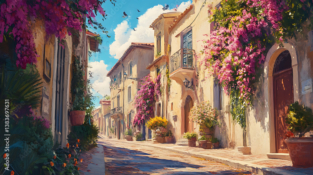 Fototapeta premium Oil painting depicting italian villas and flowers on the streets