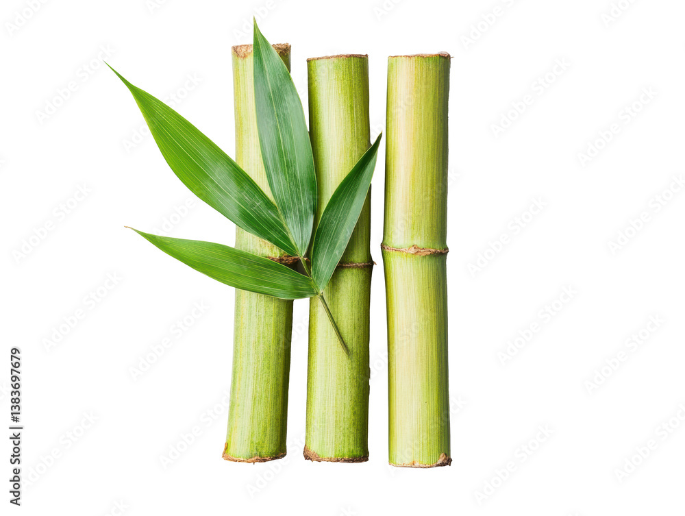 Fototapeta premium Modern decor with fresh green bamboo stalks and leaves on a transparent background, cut out