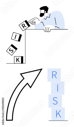 Man pushes letter blocks spelling RISK near edge, showing danger. Arrow points upwards past blocks, symbolizing success. Ideal for risk management, decisions, growth, business strategy, leadership