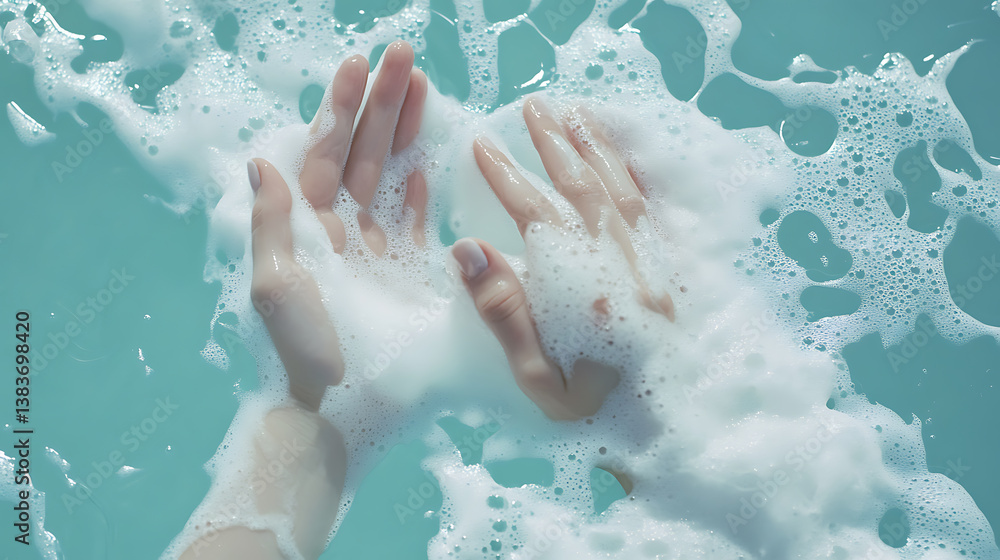 Fototapeta premium On a light blue background, hands are bathed in soap foam
