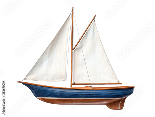 Wooden sailboat with white sails on calm water in a sunny setting on a transparent background, cut out