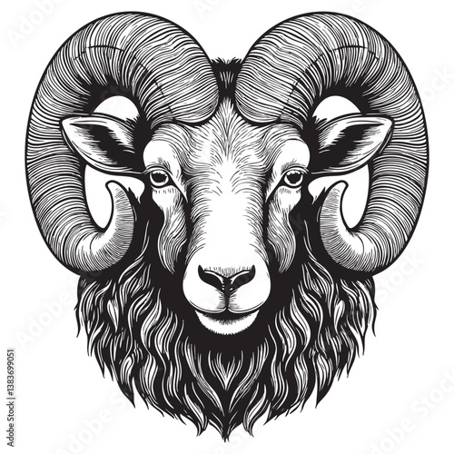 Ram head with large, curled horns. Illustration of a horned sheep's face. Wild animal in linocut style