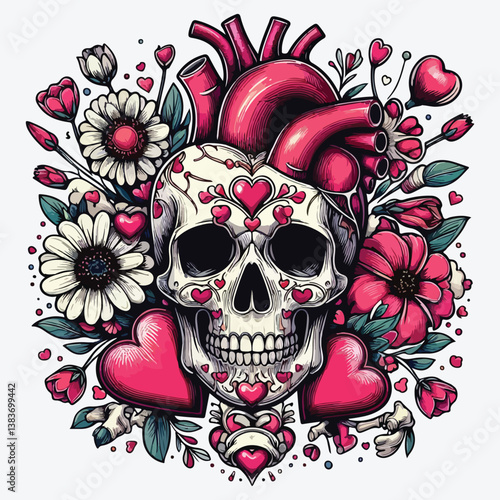 Skull, Hearts and Flowers Vector Illustration stock illustration