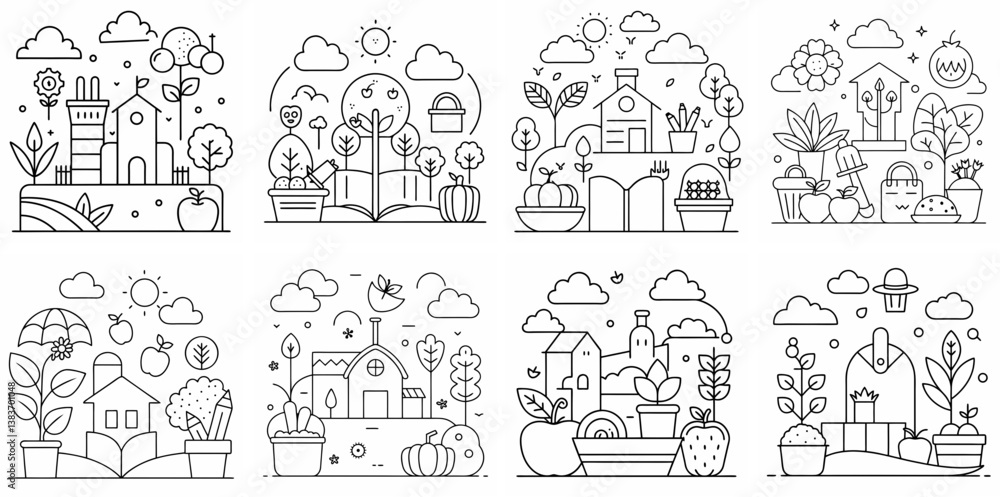 Fototapeta premium Gardening Farming Outline Coloring Book Page Line Art Drawing